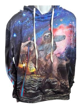 Men'sw Multicolor Galaxy Sloth & T-Rex Graphic Hoodie